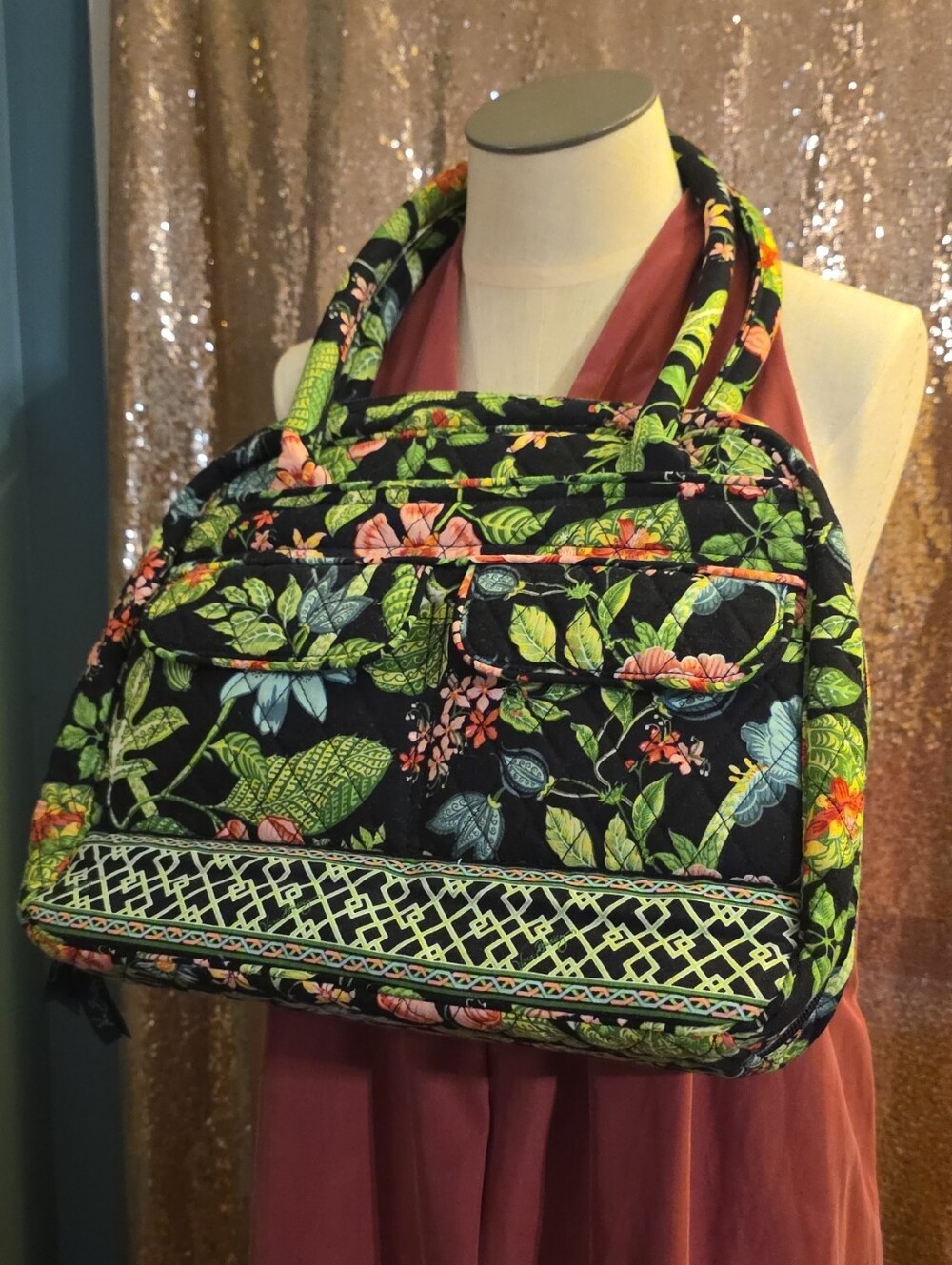 Vera Bradley Quilted Floral Tote Bag in Black and Green